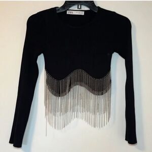 Zara Black Long Sleeve Crop Top With Silver Fringe